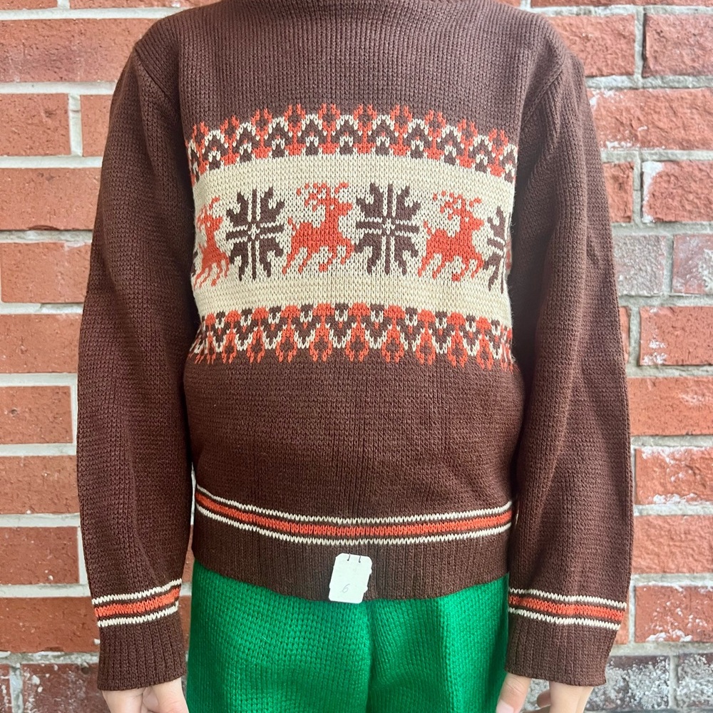 Vintage Kids Holiday Sweater - Brown Knit Turtleneck with Deer and Snowflake